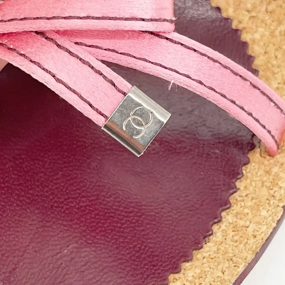 Chanel Vintage Pink Double Strap Satin Bow Cork Sole Slide Sandal Heels EU 38